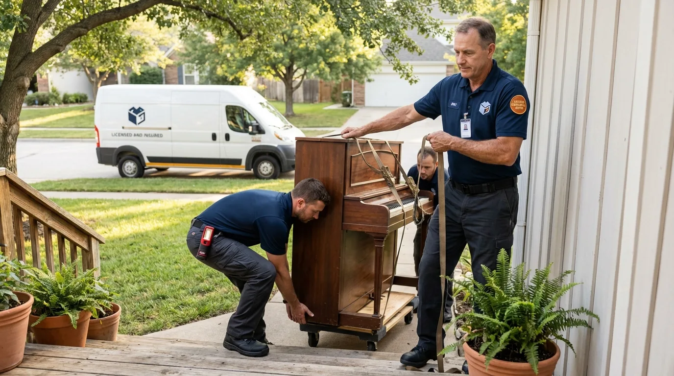 Licensed piano movers securing grand piano in Whitehouse, TX